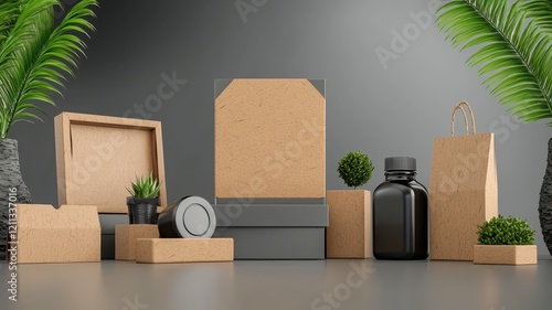 A collection of eco-friendly packaging materials, including boxes, bags, and decorative elements, arranged aesthetically with plants against a neutral background. photo