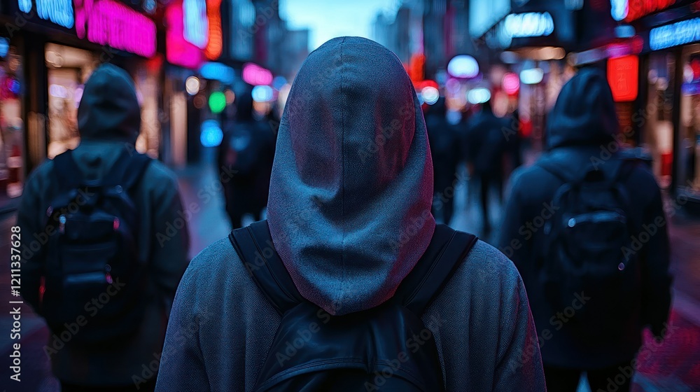 Anonymous Figures in a Neon-Lit Cityscape Anonymous Figures in a Neon-Lit Cityscape