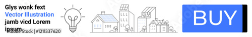 Lightbulb, buildings, text, and a BUY button highlight urban-rural sustainability, innovation, and e-commerce. Ideal for energy efficiency, smart cities, eco-friendly growth, tech advancements