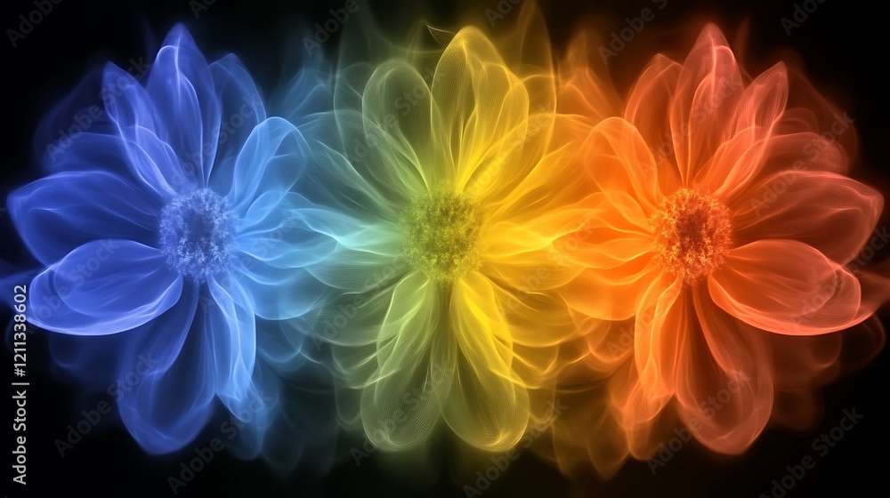 Three Spectral Flowers in Rainbow Hues Three Spectral Flowers in Rainbow Hues