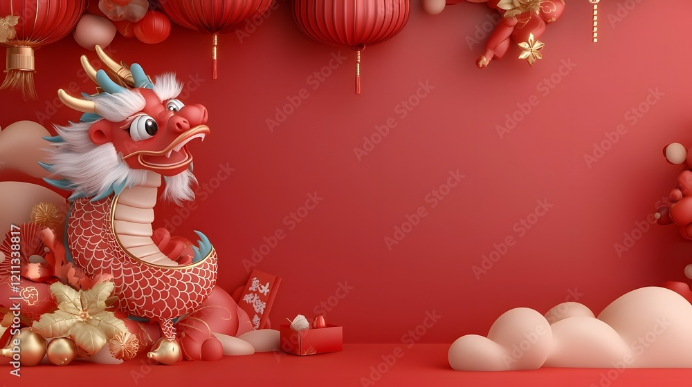 Obraz premium Vibrant and detailed of a Chinese dragon head with intricate colorful patterns bold red and gold tones and fluffy white fur against a backdrop of gradient red orange clouds and traditional lanterns