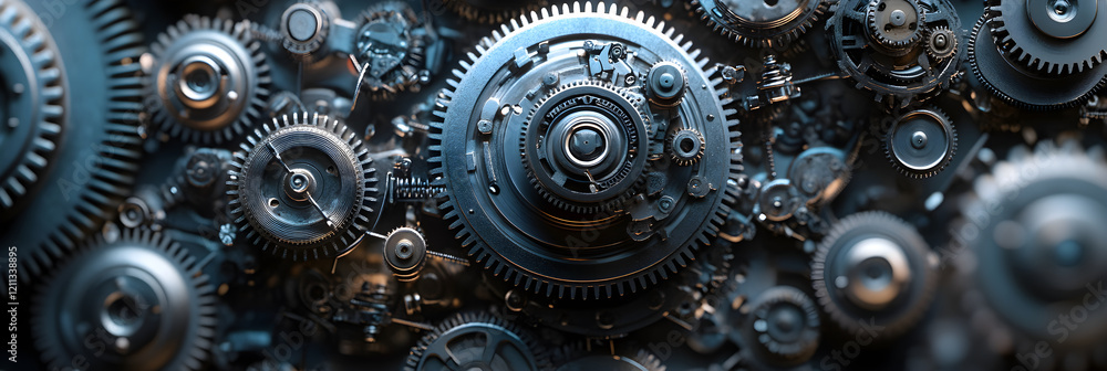 Interconnected Mechanical Gears and Pulleys Showcasing Motion and Force Distribution in Engineered System Interconnected Mechanical Gears and Pulleys Showcasing Motion and Force Distribution in Engineered System