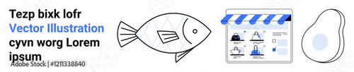 Fish vector graphic, e-commerce shop front depicting photographs of people, abstract avocado. Ideal for e-commerce, marketing, UIUX, vector design, online shopping themes, digital transformation