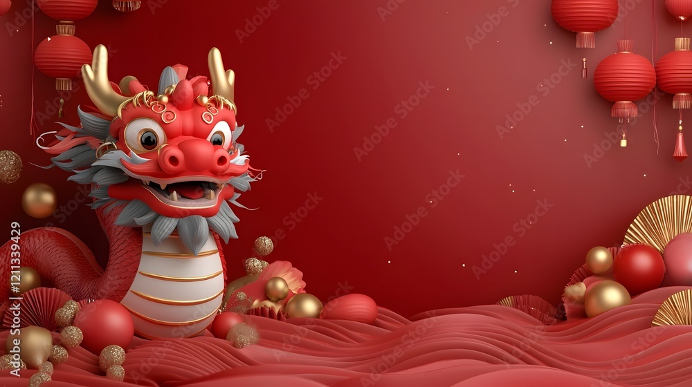 Naklejka premium Vibrant Chinese Dragon with Intricate 3D Design and Golden Light Trails Traditional cultural symbol with bold red blue and gold colors and waves