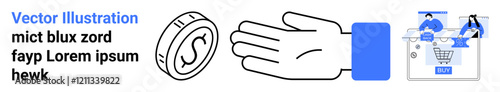 Hand reaching out for a coin, two figures using a computer with a shopping cart icon, and text. Ideal for e-commerce, finance, digital transactions, online shopping, payment systems, financial