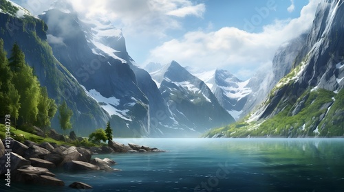 Breathtaking panoramic view of a scenic fjord surrounded by steep rugged cliffs and calm mirror like waters in a picturesque Nordic landscape  This tranquil photo