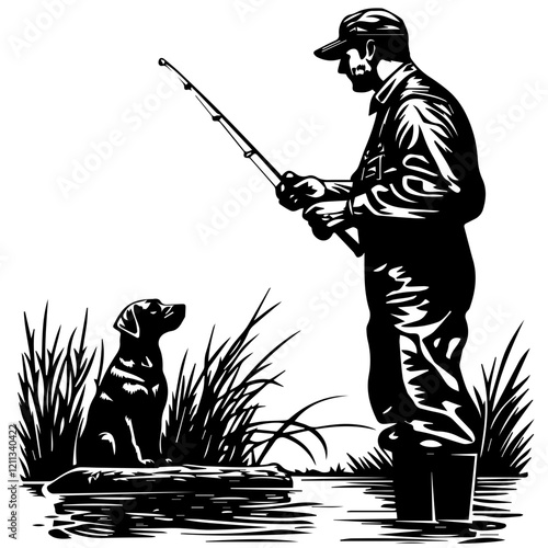 Silhouette of Fisherman and Dog – Nature and Pet Concept Art