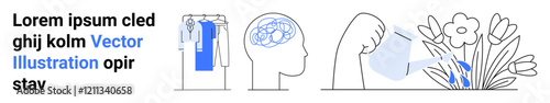 Conceptual images of a head with gears inside symbolizing ideas, a hand watering flowers, and text elements. Ideal for creativity, growth, brainstorming, development, productivity, nurturing