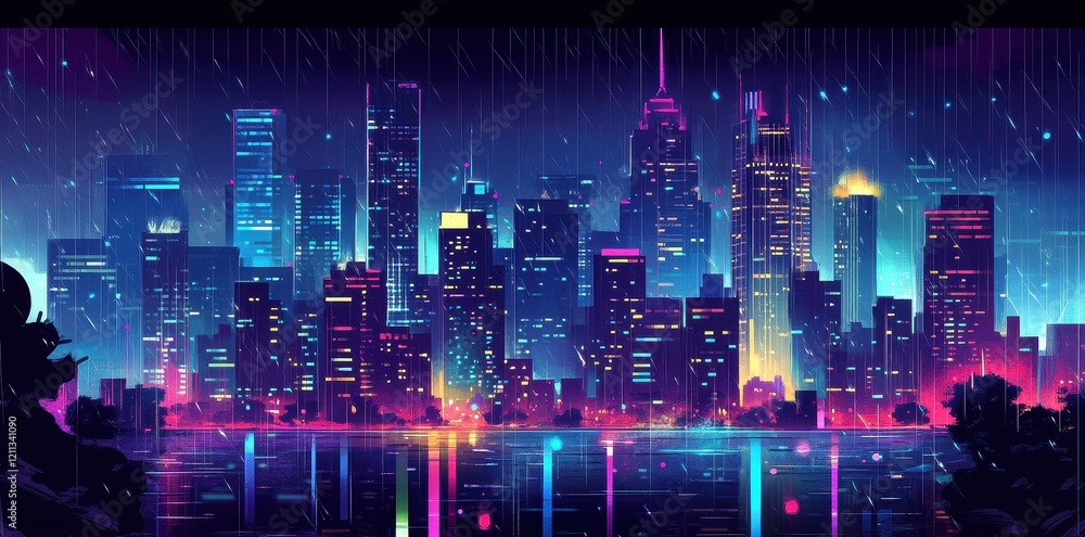 Obraz premium Neon Cityscape Under Rainy Night Sky