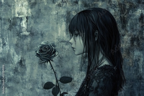 A melancholic girl gazes at a dark rose against a textured wall photo