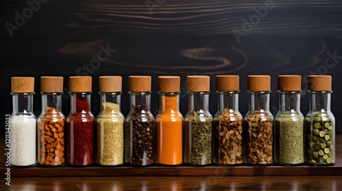 A variety of seasoning bottles neatly arranged on a wooden spice rack showcasing a well organized and visually appealing culinary setup for the kitchen photo