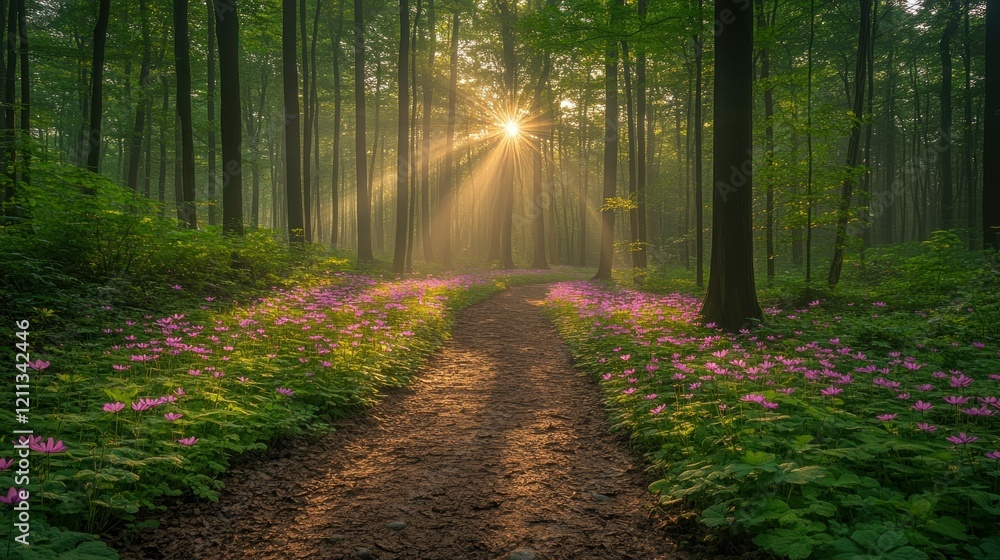 Fototapeta premium Sunlit Forest Path with Purple Flowers