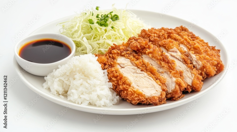 A plate of crispy chicken katsu served with steamed rice, shredded cabbage, and tangy tonkatsu sauce A plate of crispy chicken katsu served with steamed rice, shredded cabbage, and tangy tonkatsu sauce