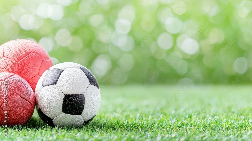Naklejka premium Soccer balls on green grass, blurred background. Perfect for sports websites or advertising