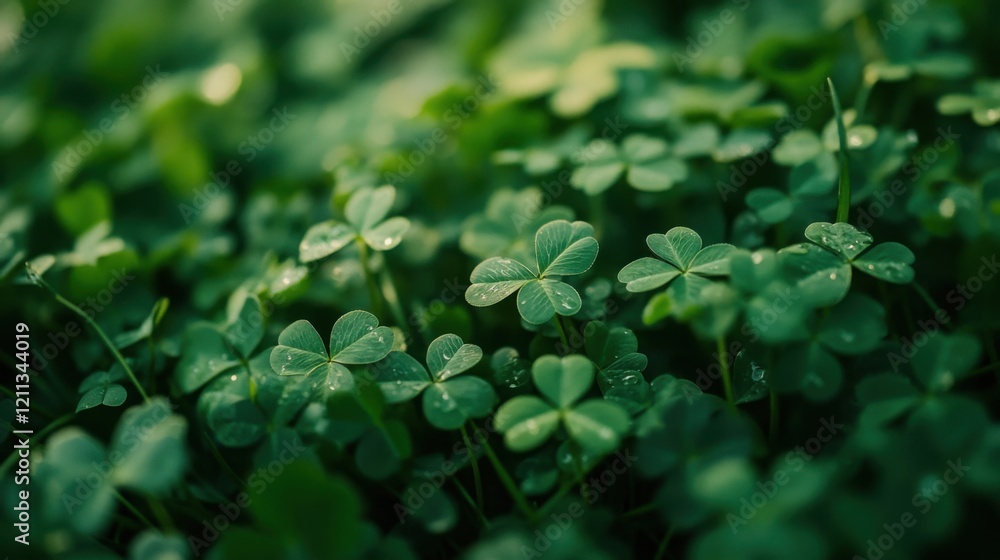 Fresh green clovers adorned with water droplets in natural outdoor setting Fresh green clovers adorned with water droplets in natural outdoor setting