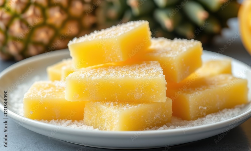 Delicious pineapple coconut treats on platter Delicious pineapple coconut treats on platter