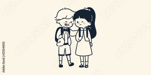 入学式にランドセルを背負って微笑み合う仲のいい男の子と女の子の友達のシンプルでかわいいイラスト