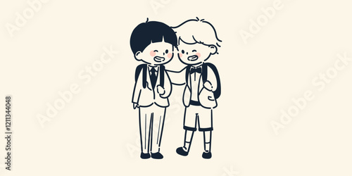 入学式にランドセルを背負って微笑み合う仲のいい男の子の友達のシンプルでかわいいイラスト