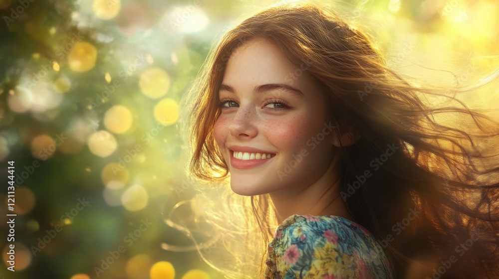 Naklejka premium Smiling woman with long hair against a neutral background expressing joy and happiness