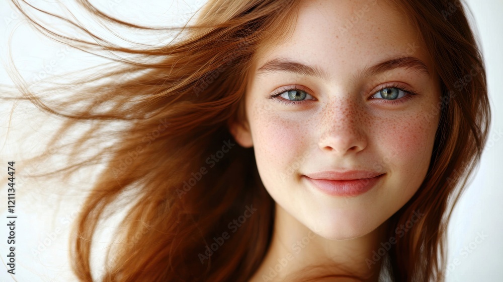 Fototapeta premium Woman with curly hair sitting at a table with a laptop and a cup of coffee in a modern cafe interior