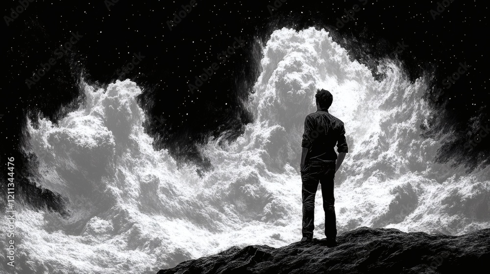 Fototapeta premium Man Gazing at a Celestial Wave of Light and Darkness