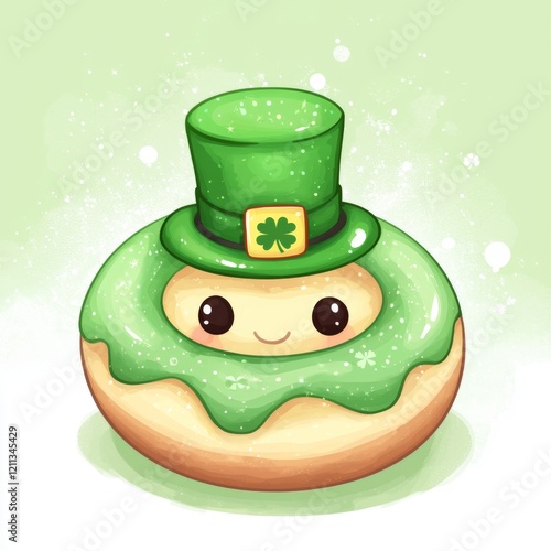 Cute cartoon donut character wearing a green top hat, perfect for festive celebrations and themed events photo