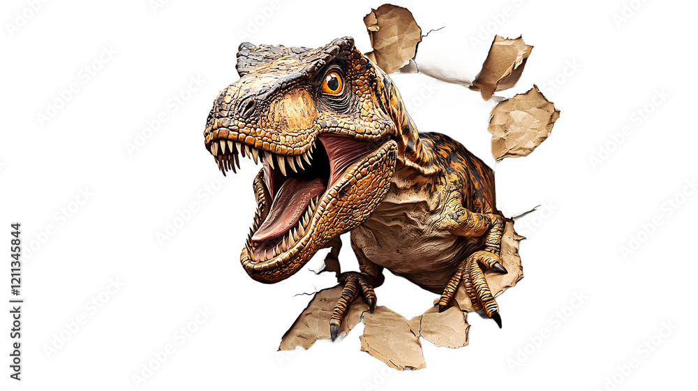 Naklejka premium Tyrannosaurus Rex Emerging from Cardboard: A Prehistoric Beast Breaks Through