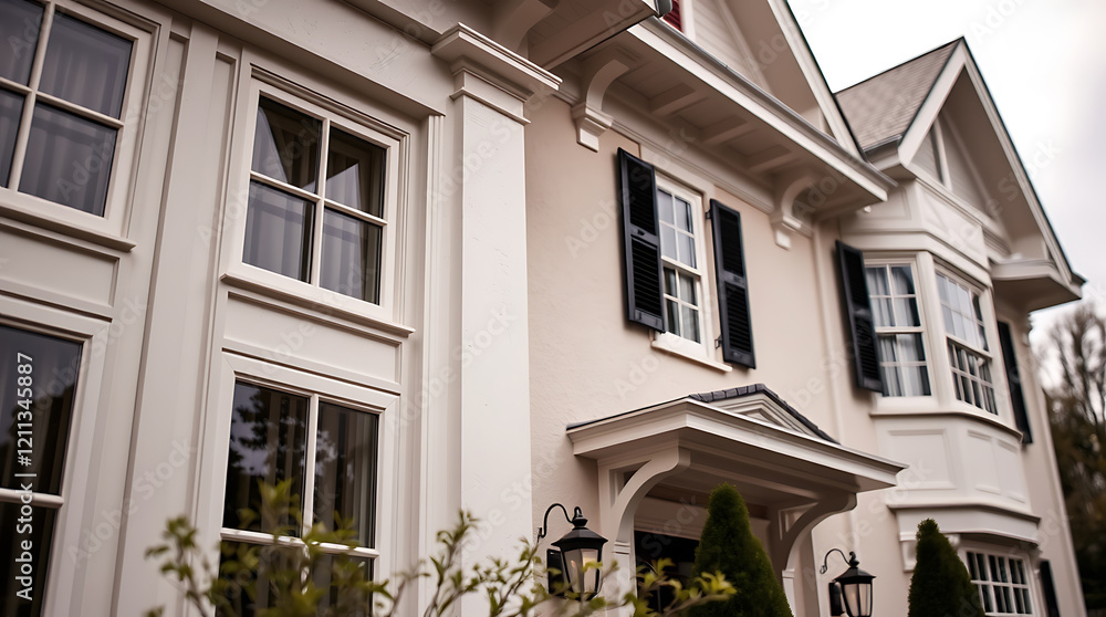 Elegant Cream House Exterior with Classic Windows and Black Shutters. Beautiful Home Architecture, Real Estate, and Residential Design. Elegant Cream House Exterior with Classic Windows and Black Shutters. Beautiful Home Architecture, Real Estate, and Residential Design.