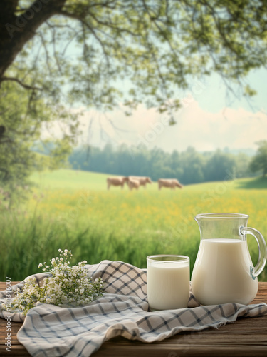 Glass of milk on a wooden table with background of cow in a field