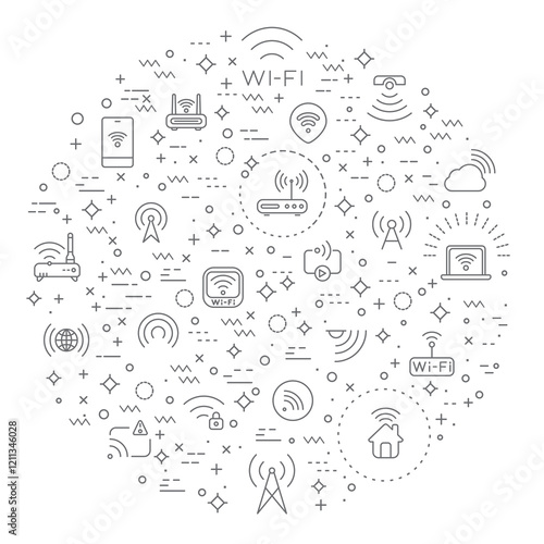 Simple Set of Signal And Wireless Technology Related Vector Line Illustration. Contains such Icons as basic, infographic, wifi, internet, connection, wifi free, network and smartphone color white.