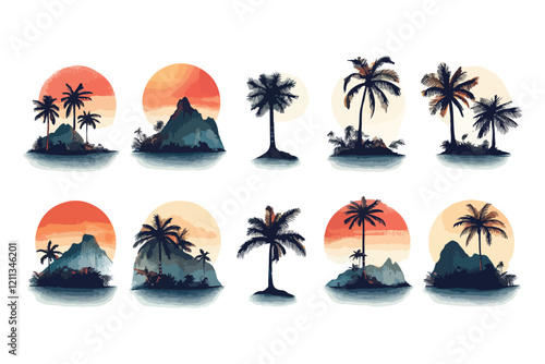 beach, mountain, graphic design, palm, tree, sea, island, sun, ocean, travel, water, sky, silhouette, sand, holiday, sunset, wave, surf, paradise t shirt vector design