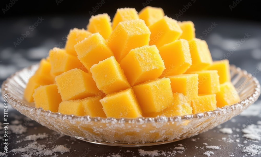 Fresh mango cubes in a decorative bowl Fresh mango cubes in a decorative bowl
