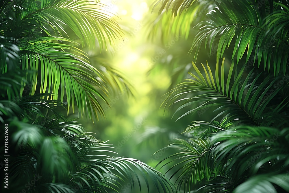 Fototapeta premium Lush Green Palm Fronds Sunlight Tropical Forest