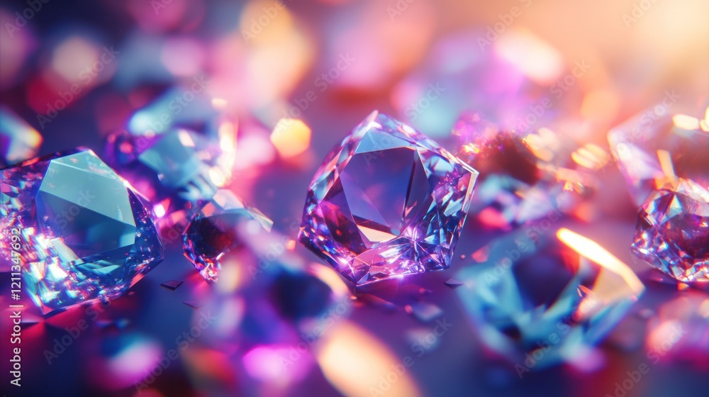 Sparkling gemstones scattered on dark surface, bokeh background, luxury ad Sparkling gemstones scattered on dark surface, bokeh background, luxury ad