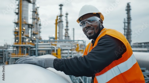 working in petrochemical plant. A worker in safety gear smiles while inspecting industrial pipelines at an oil refinery, showcasing a blend of professionalism and safety.