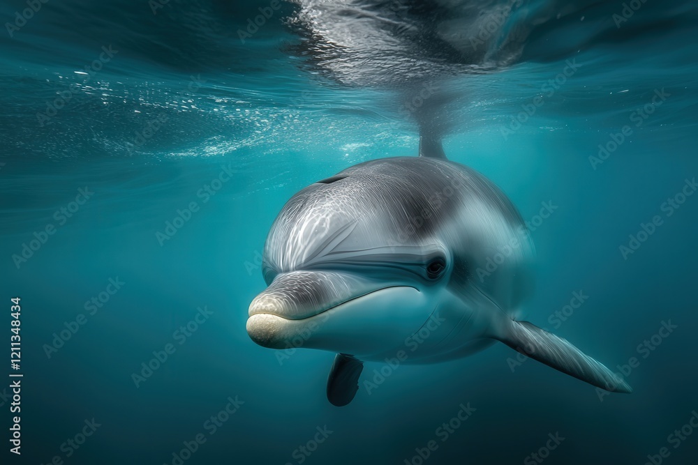 Fototapeta premium bowl-headed dolphin, its smooth body and curious eyes captured as it swims effortlessly through the clear blue water, embodying the elegance of marine life