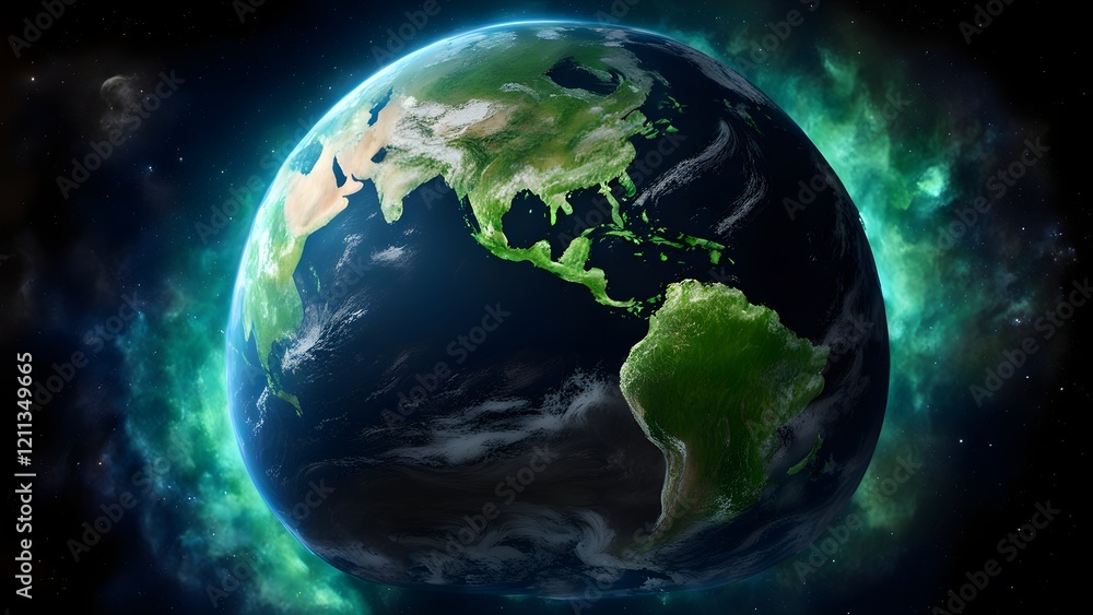 Fototapeta premium High-resolution 3D render of Earth from space, showing detailed landmasses and oceans, surrounded by a vibrant teal nebula.