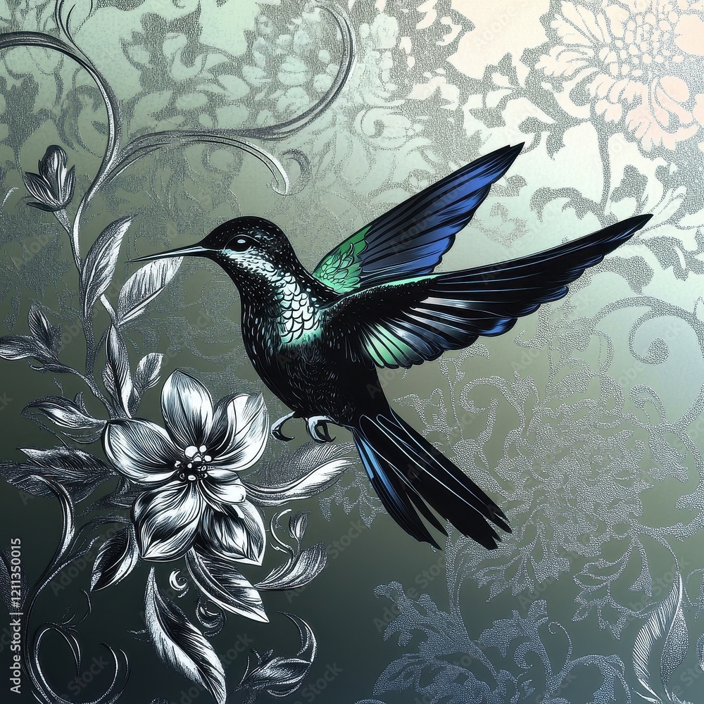 Obraz premium Hummingbird in Flight Amidst Ornate Floral Design