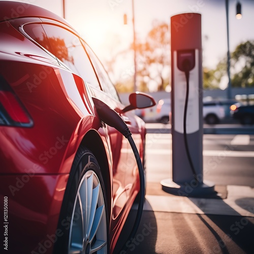 Red electric car charging at a charging station photo