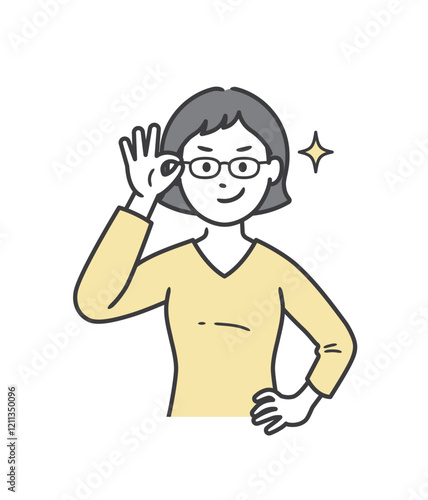 眼鏡を上げてニヤリと笑い自信を見せる若い女性