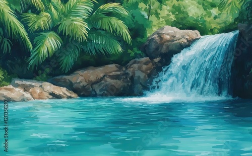 Tropical watercolor idea. Serene waterfall cascading into clear turquoise water surrounded by lush greenery.