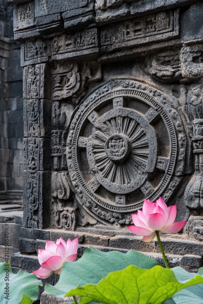 Fototapeta premium A dynamic shot of a Buddhist Wheel of Dharma carved into a stone temple wall, with lotus flowers nearby