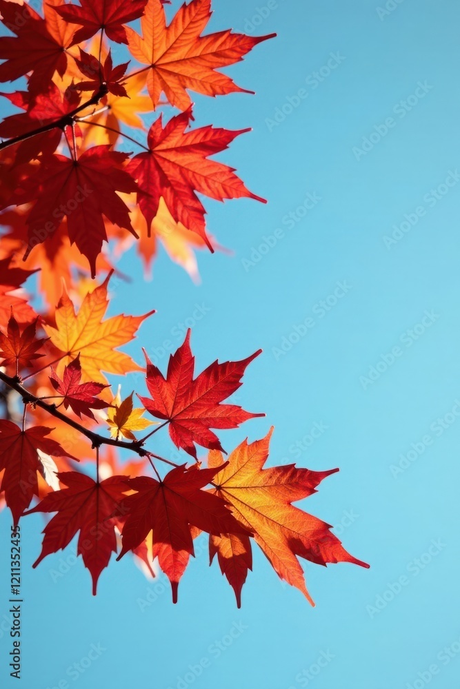 Autumnal Maple Leaves Against a Vivid Azure Sky, Displaying Vibrant Hues of Red and Orange Autumnal Maple Leaves Against a Vivid Azure Sky, Displaying Vibrant Hues of Red and Orange