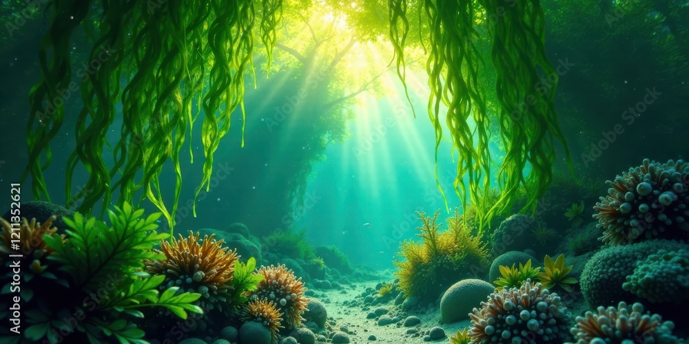 Fototapeta premium Submerged Aquatic Garden Sunbeams Illuminate Vibrant Kelp Forest and Coral Reef Ecosystem