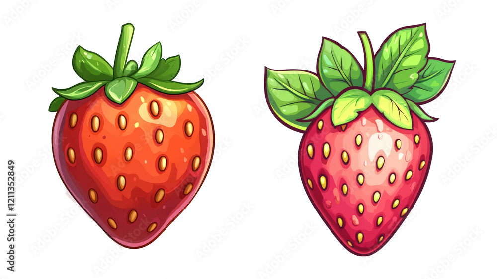 Two colorful strawberries with vibrant red hues and green leaves, showcasing their juicy texture and freshness. Two colorful strawberries with vibrant red hues and green leaves, showcasing their juicy texture and freshness.