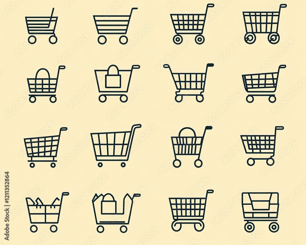 minimalist vector icon set featuring shopping bags, carts, and trolleys in an outline style. minimalist vector icon set featuring shopping bags, carts, and trolleys in an outline style.