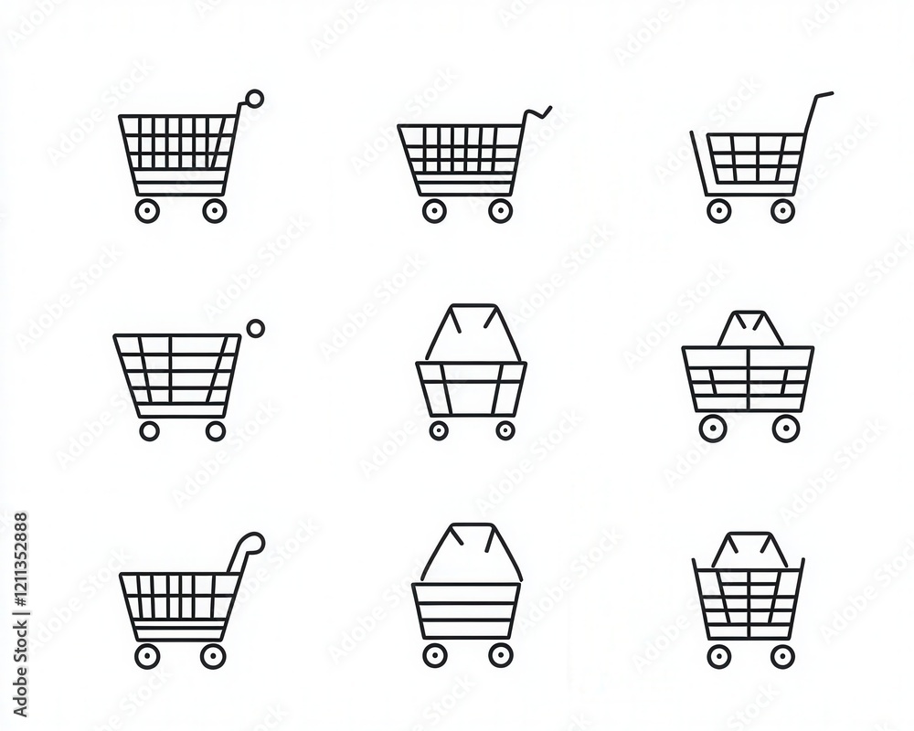 minimalist vector icon set featuring shopping bags, carts, and trolleys in an outline style. minimalist vector icon set featuring shopping bags, carts, and trolleys in an outline style.
