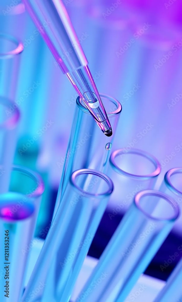 Close-Up of Laboratory Glassware with Neon Glow and Purple Liquid for Biotechnology Research