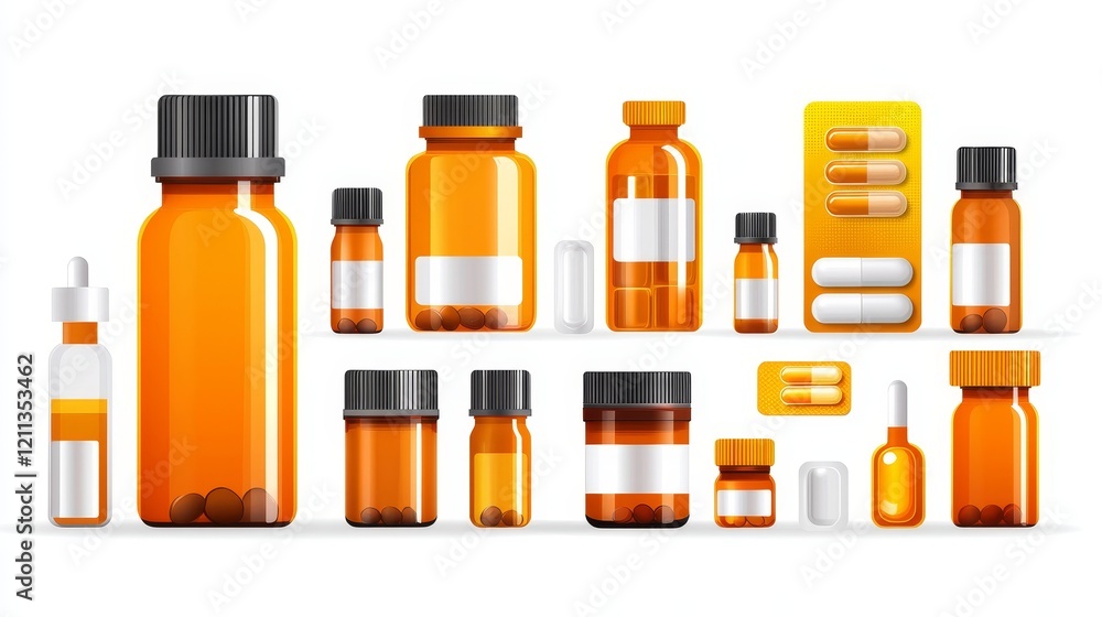 A collection of orange medical containers and bottles, showcasing various shapes and sizes for pharmaceutical use. A collection of orange medical containers and bottles, showcasing various shapes and sizes for pharmaceutical use.
