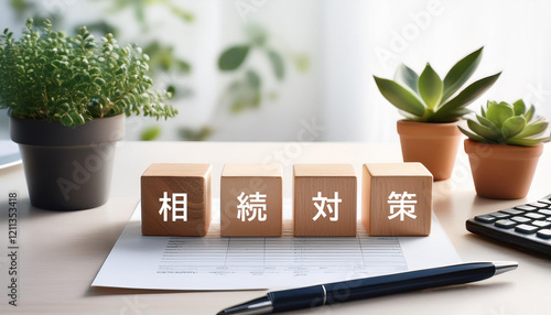 日本語で相続対策の文字が入ったキューブブロックと観葉植物。AIで生成